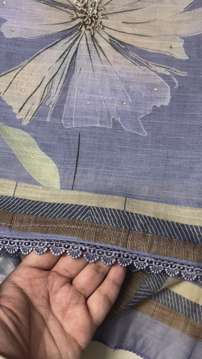 Hastkala Premium Linen Summer Floral Suit with Handwork - Lavender