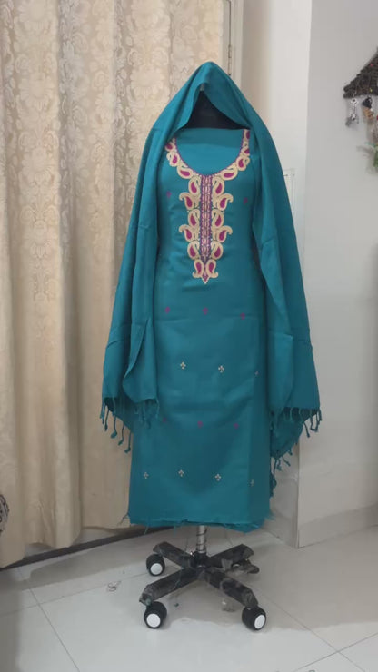 Pretty Blue Woolen Suit with Embroidery, Booti Work & Tassel Stole