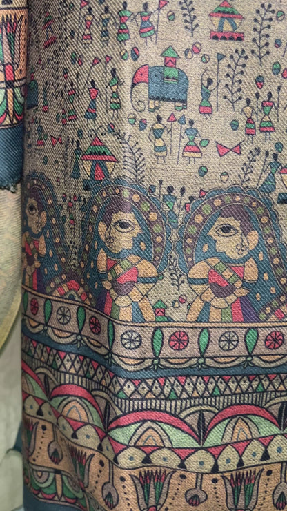 Noorvi Warli Print Woolen Suit with Floral Neck Patti & Printed Stole - Steel Blue