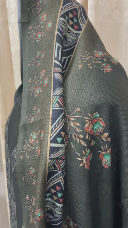 Woolen Suit with Digital Floral Print & Matching Stole - Mehndi Green