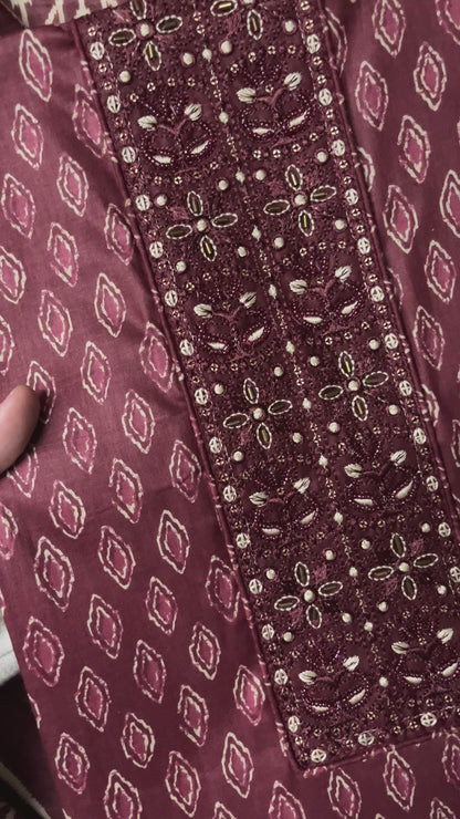 Zevar Pure 100% Cotton Suit Set with Hand Embroidered Neck Patch - Plum Red