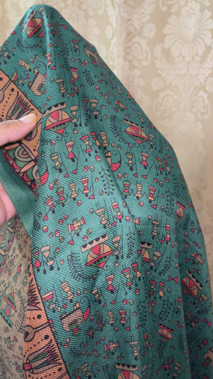 Noorvi Warli Print Woolen Suit with Floral Neck Patti & Printed Stole - Bottle Green