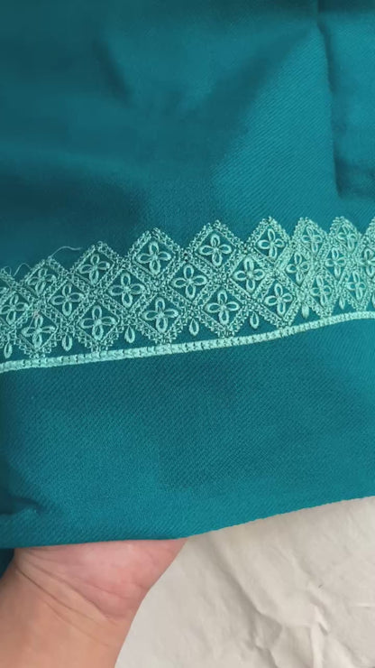 Peacock Green Acrylic Wool Embroidered Suit with Matching Stole