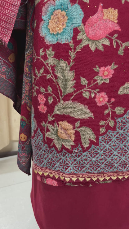 Sindoori Red Pure Spun Woolen Suit with Matching Stole