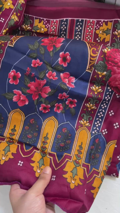 Pashmina Spun Digital Print Suit with Lace-Detail Stole & Plain Bottom