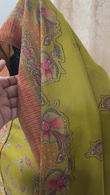 Powder Henna Green Pure Spun Woolen Suit with Matching Stole