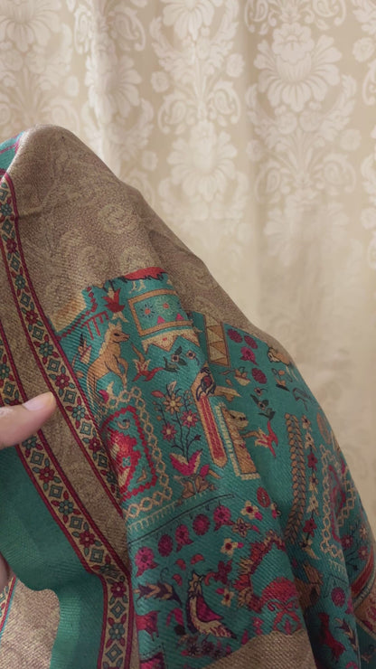 Kalakriti Pashmina Woolen Suit with Self-Design Base - Bottle Green