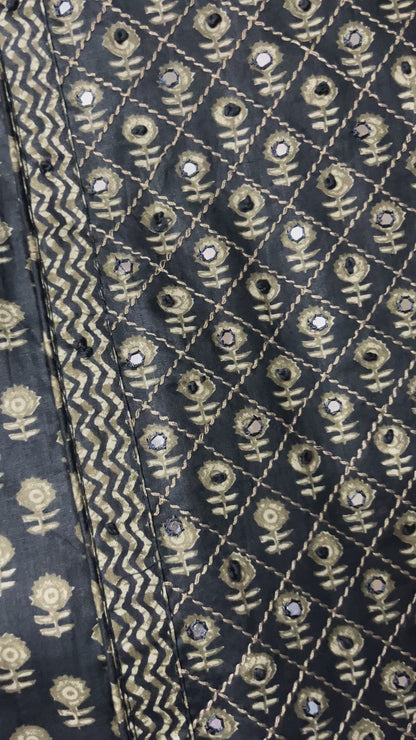 Paalki Pure Cotton Suit Set with Knot & Mirror Work Neck Patch - Midnight Blue