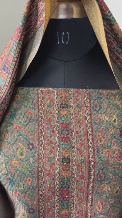 Heer Aari-Swarovski Toosh Pashmina Woolen Suit - Pearl Grey