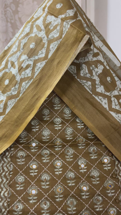 Paalki Pure Cotton Suit Set with Knot & Mirror Work Neck Patch - Burnt Mustard