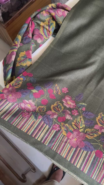 Gulnari Woolen Aari & Swarovski Work Suit with Printed Stole - Green